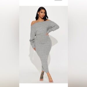 Fashion Nova Gray Off-Shoulder Midi Dress